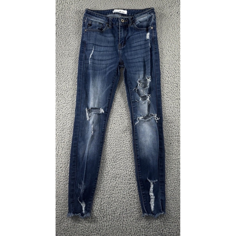 Kancan Jeans Women 27 Mid Rise Skinny Distressed Whisker Dark Wash‎ Edgy Raw Hem